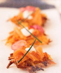  Smoked Salmon and Salmon Roe on Crispy Potato Pancakes with Horseradish Cream and Pickled Onions