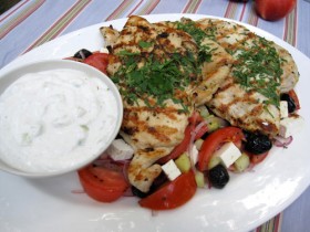 Chicken Paillard with Greek Farmer’s Salad and Black Olive Vinaigrette