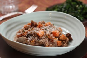 Baked Risotto with Red Wine, Sweet Potatoes and Duck Confit