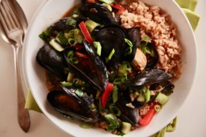 Mussels and Bok Choy with Green Tea Pilaf