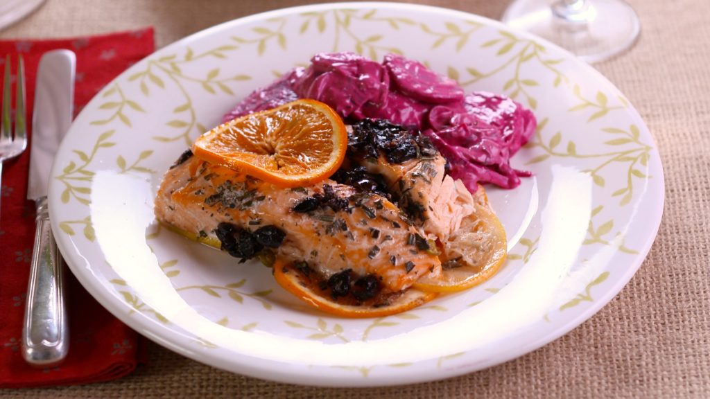 Salmon in a Bag with Citrus, Olives and Chiles and Borscht Beets