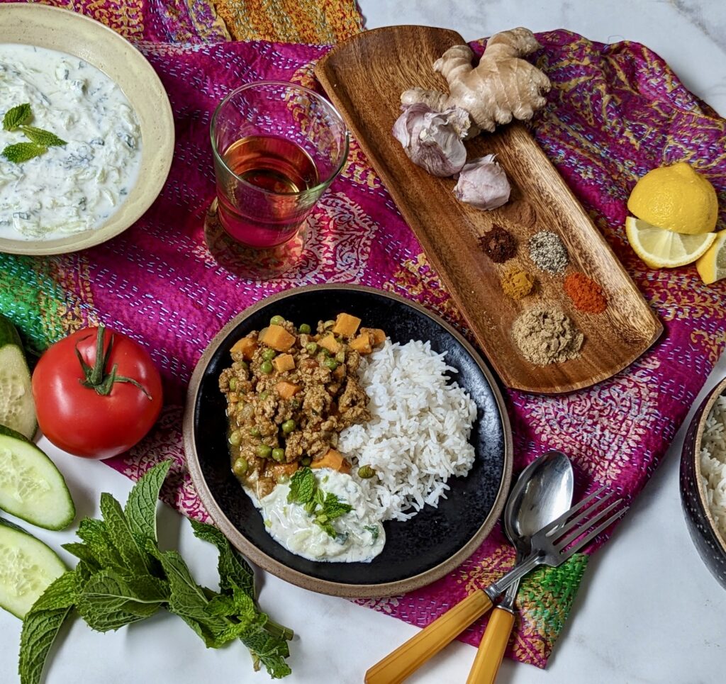 Turkey Keema with Sweet Potatoes and Stuffed Peppers