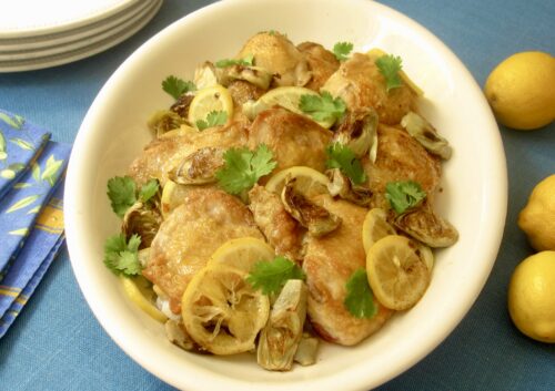 Baked Chicken Thighs with Quick Lemon Pickles and Artichoke Hearts