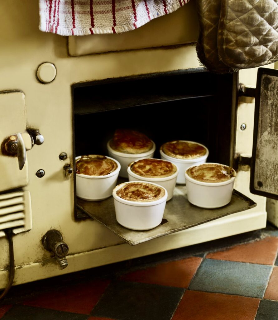 A group of food in a oven