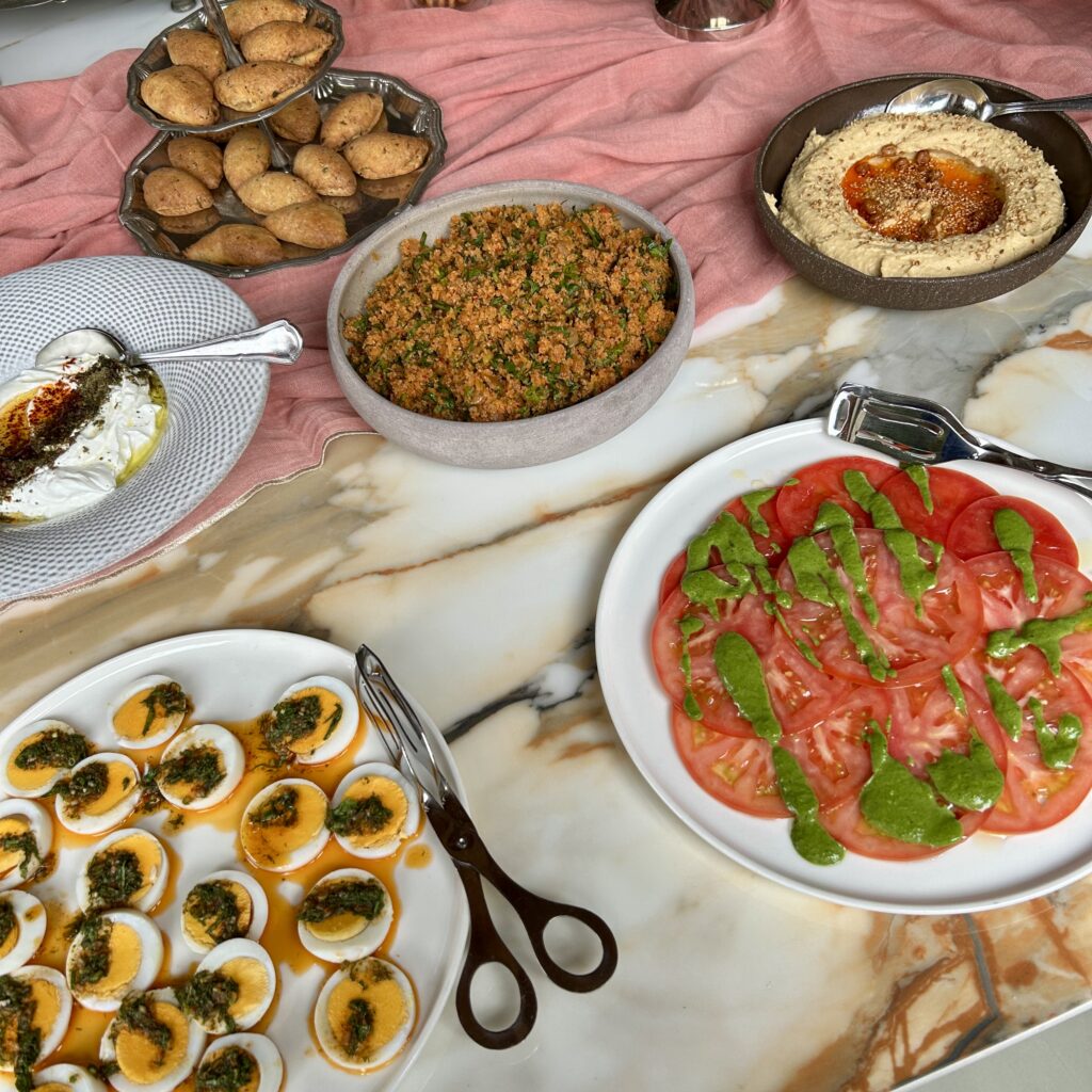 A table with plates of food