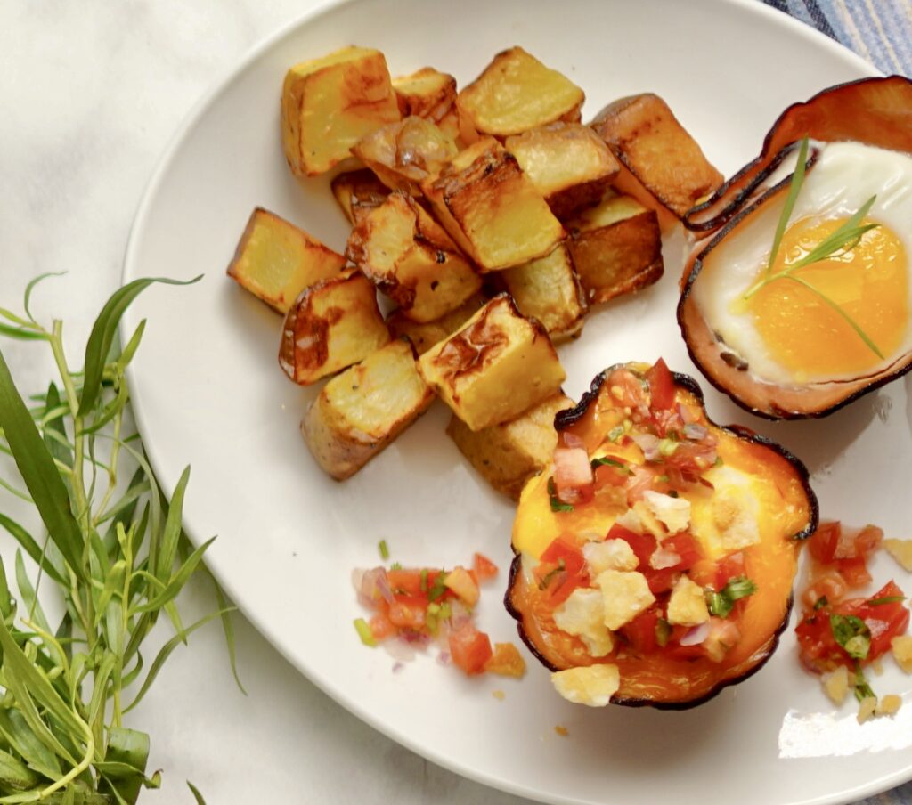 A plate of food on a marble surface