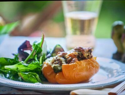 A plate of food on a table