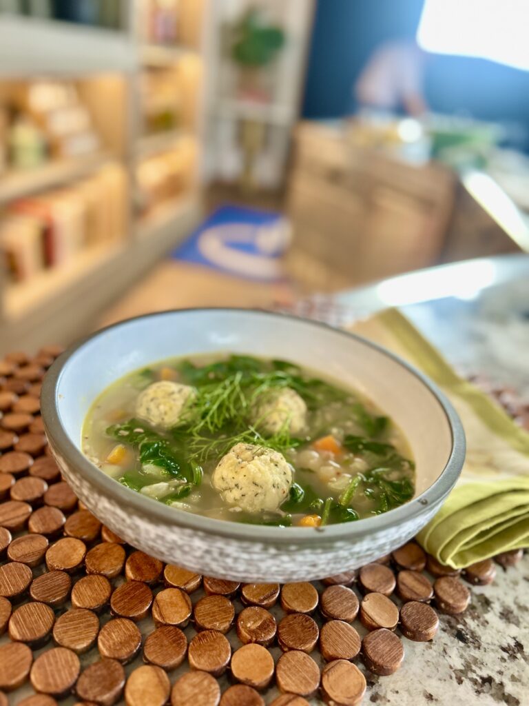A bowl of soup on a table