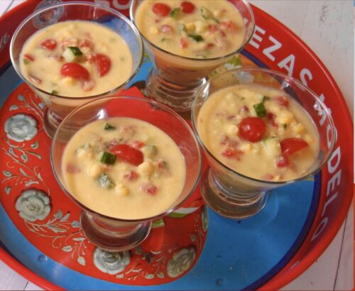 Corn Gazpacho with Garlic Croutons